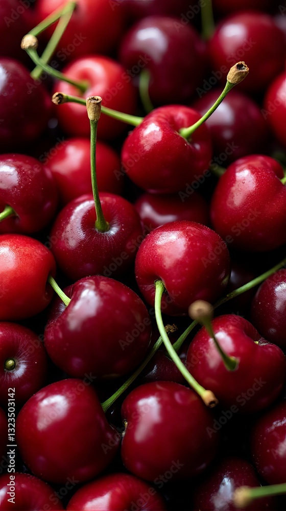 Close Up of Fresh Red Cherries with Stems Detailed Fruit Texture Close Up of Fresh Red Cherries with Stems Detailed Fruit Texture