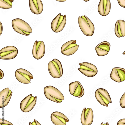 Nuts seamless pattern. Pistachio background. Organic food concept. Nuts pattern for fabric, packaging, coffee and bakery shops. Hand Drawn illustration