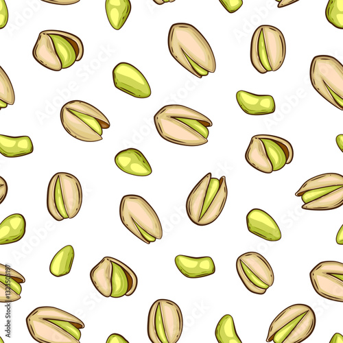 Nuts seamless pattern. Pistachio background. Organic food concept. Nuts pattern for fabric, packaging, coffee and bakery shops. Hand Drawn illustration