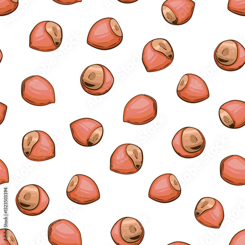 Nuts seamless pattern. Hazelnut background. Organic food concept. Nuts pattern for fabric, packaging, coffee and bakery shops. Hand Drawn illustration