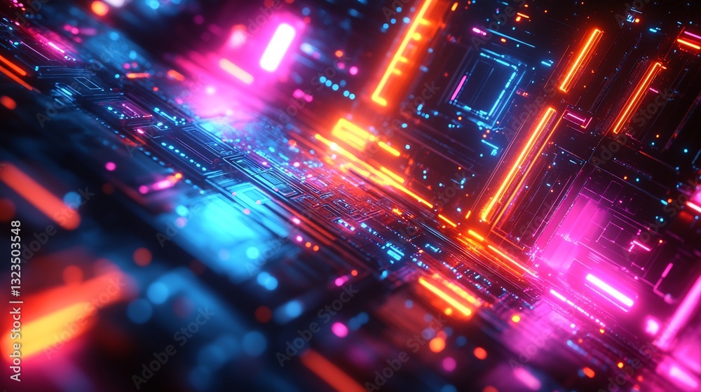 Vibrant neon glow illuminates intricate digital circuitry. AI Generated
