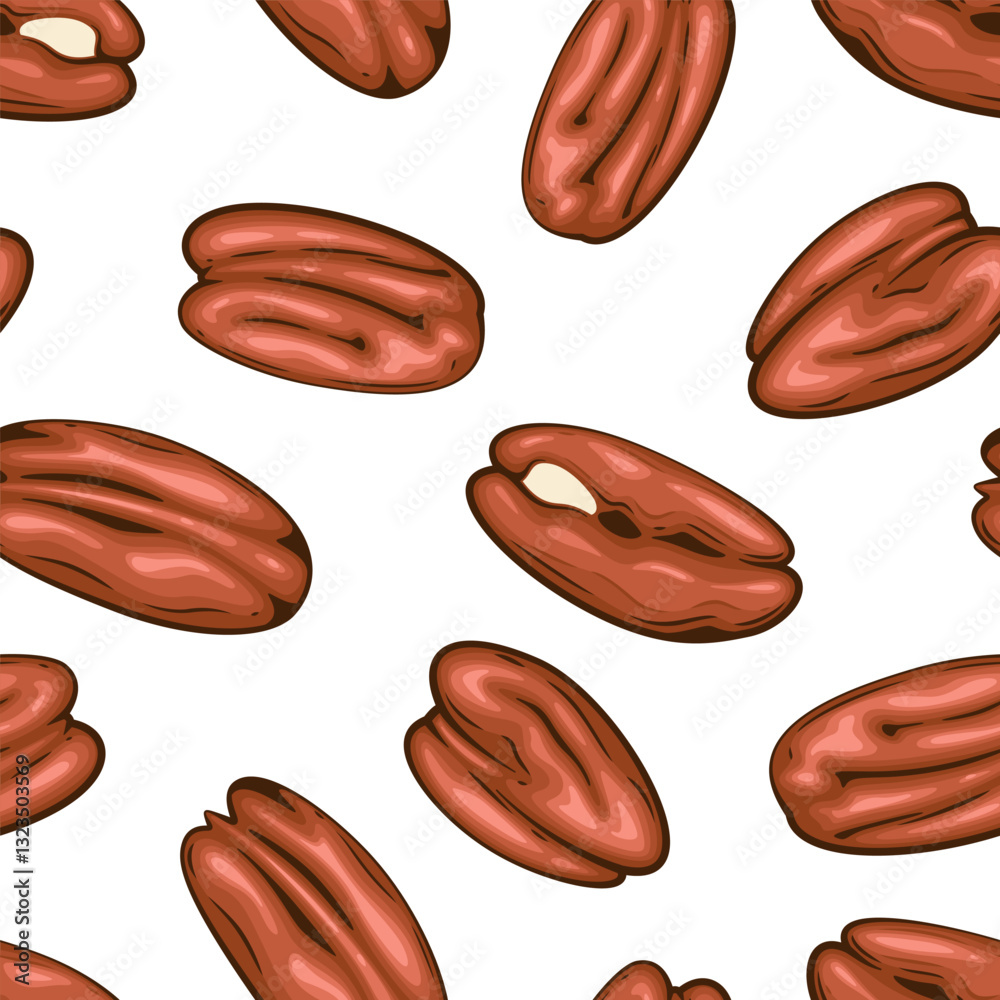 Fototapeta premium Nuts seamless pattern. Pecan background. Organic food concept. Nuts pattern for fabric, packaging, coffee and bakery shops. Hand Drawn illustration