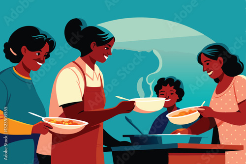 Create a heartwarming vector illustration depicting a bustling soup kitchen scene, showcasing volunteers serving food to grateful recipients.  Show diverse people in a positive and hopeful atmosphere.