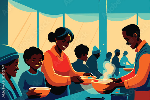 Create a heartwarming vector illustration of a busy soup kitchen, showcasing volunteers serving food to grateful people of diverse backgrounds.  Focus on conveying compassion and community support.