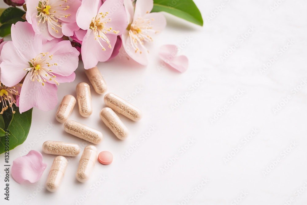 Pink flowers and natural supplement phytoestrogen pills for restoring women hormonal balance. Menopause concept Pink flowers and natural supplement phytoestrogen pills for restoring women hormonal balance. Menopause concept