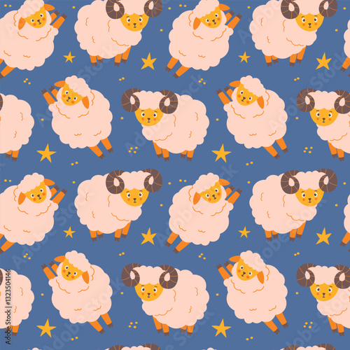 Seamless pattern with cartoon sheep. Counting sheep before bedtime