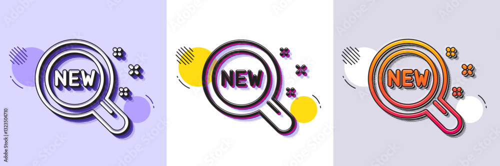 New products line icon. Halftone dotted pattern. Gradient icon with grain shadow. Search sign. Magnifier glass symbol. Line new products icon. Various designs. Vector