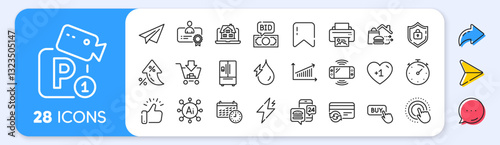 Parking security, Refrigerator and Paper plane line icons. Interest rate, AI generate, Inflation icons. Pack of Calendar, Power, Shopping icon. Bid offer, Print image, Click hand pictogram. Vector