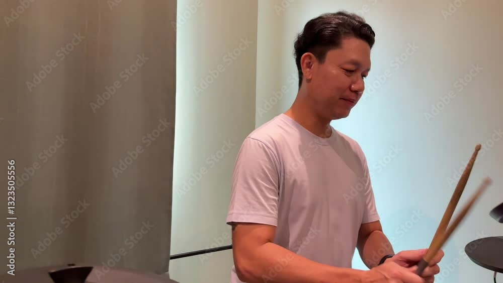 The Southeast Asian man practicing drums in his home studio. The Southeast Asian man practicing drums in his home studio.