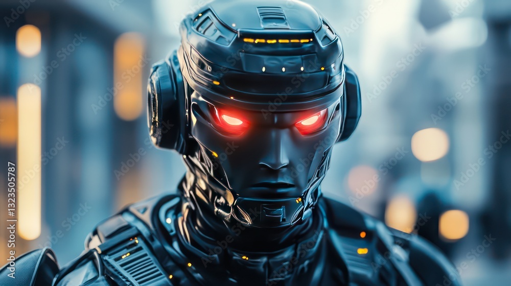A battle-ready soldier in heavy black and gold armor with glowing crimson eyes, standing with determination in a dystopian city engulfed in chaos A battle-ready soldier in heavy black and gold armor with glowing crimson eyes, standing with determination in a dystopian city engulfed in chaos