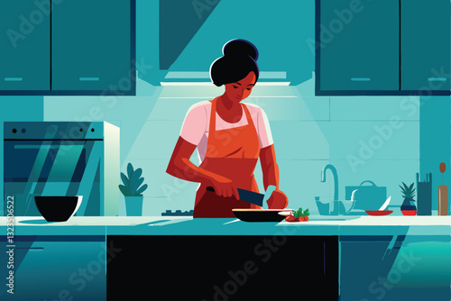 A contemporary housewife meticulously sharpens a set of kitchen knives on a honing steel, amidst a minimalist, modern kitchen setting.