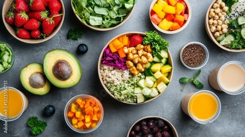 A colorful assortment of healthy take away dishes showcases various fresh ingredients. Salads, fruits, and drinks create a vibrant display, enticing anyone looking for nutritious options
