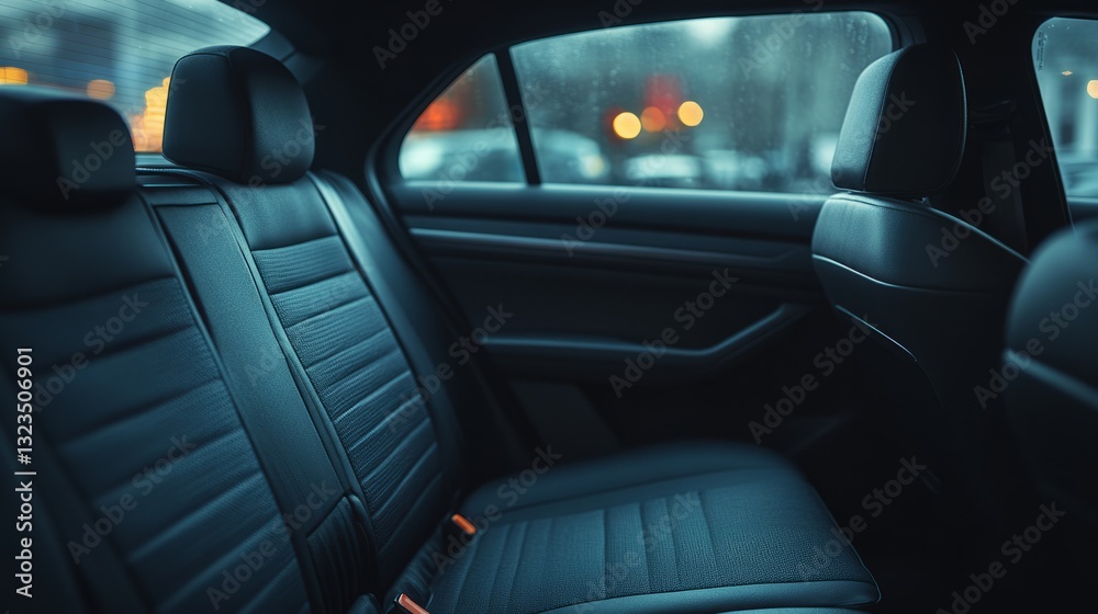 A serene view of empty dark cloth car seats in a modern sedan, with isolated windows giving a sense of calm and openness A serene view of empty dark cloth car seats in a modern sedan, with isolated windows giving a sense of calm and openness