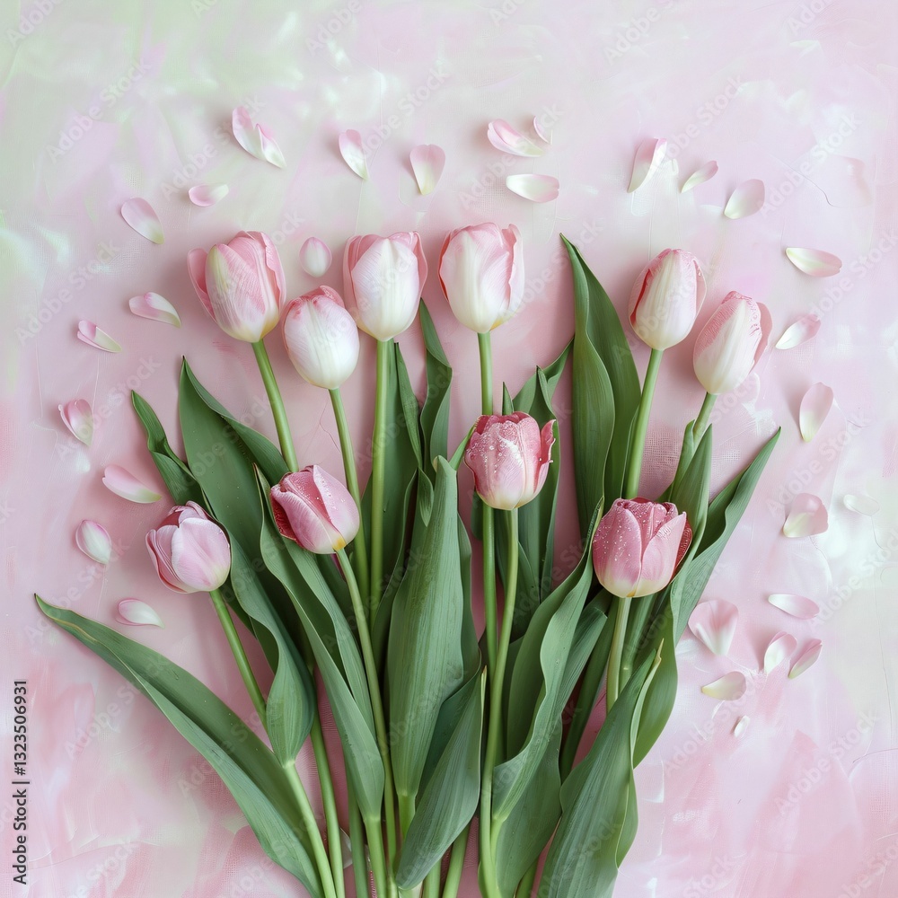 Obraz premium Delicate Pink Tulips on Soft Pastel Background with Petals
