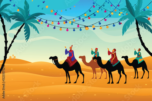A vibrant vector illustration depicting joyful people of diverse ethnicities riding camels across a sun-drenched desert landscape.