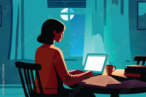 A woman meticulously reviews her family's monthly budget on her laptop, showcasing financial planning at home.