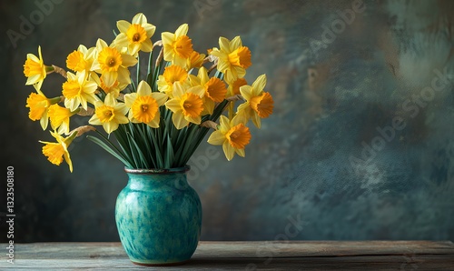 A centerpiece featuring a bouquet of vibrant daffodils arranged in a traditional Welsh pottery vase, placed on a rustic wooden table 