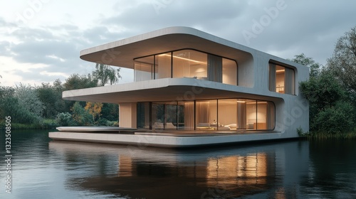 Modern house reflecting on tranquil water surface.