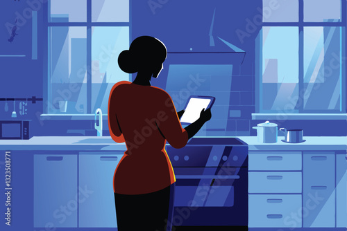 A stylish woman expertly multitasks, checking a tablet recipe while skillfully preparing a gourmet meal in a modern kitchen.