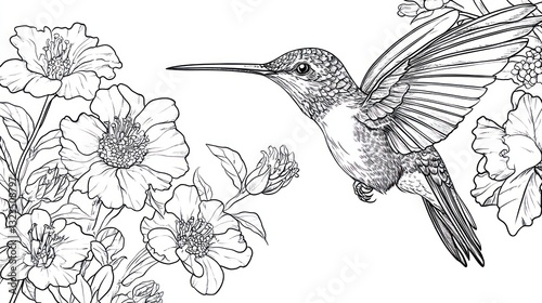 Wallpaper Mural Hummingbird hovering near flowers, floral background, nature illustration, card design Torontodigital.ca