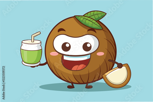 Cheerful cartoon character holding a jar of juice surrounded by a light green background with a playful expression and friendly demeanor