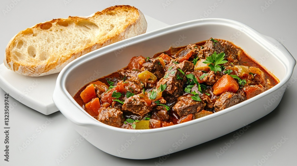 Close up of a thick and hearty beef goulash, slow-cooked to perfection, served in a modern white dish, with a side of crispy baguette, isolated on a soft gray gradient background Close up of a thick and hearty beef goulash, slow-cooked to perfection, served in a modern white dish, with a side of crispy baguette, isolated on a soft gray gradient background