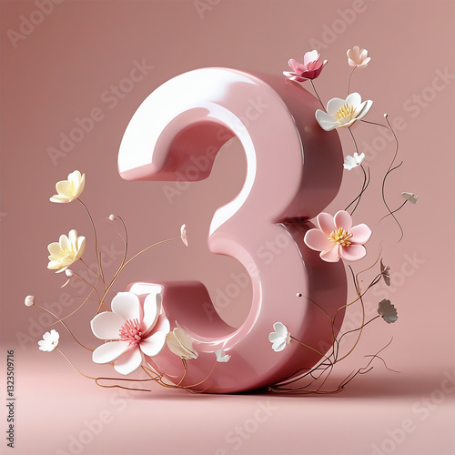 A soft pinkish background graduates to a pale blush tone towards the edges, providing a subtle contrast to the three-dimensional, glossy number 5 that takes center stage. The 3D effect gives the numbe