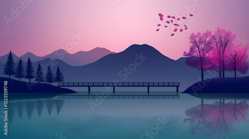 Scenic landscape illustration featuring mountains a bridge and trees over water