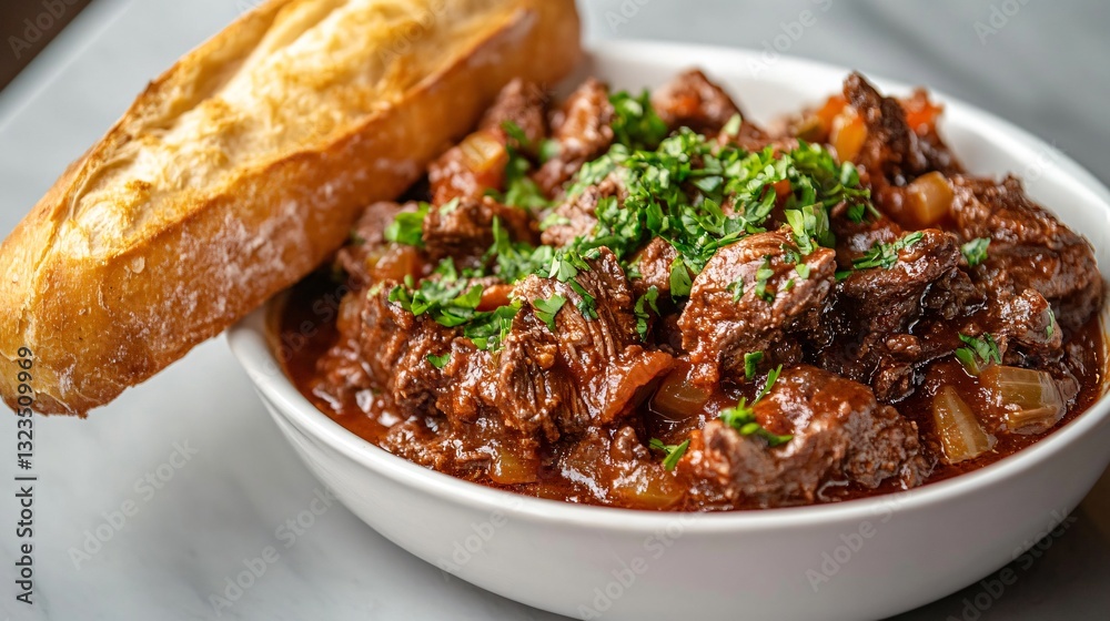 Close up of a thick and hearty beef goulash, slow-cooked to perfection, served in a modern white dish, with a side of crispy baguette, isolated on a soft gray gradient background Close up of a thick and hearty beef goulash, slow-cooked to perfection, served in a modern white dish, with a side of crispy baguette, isolated on a soft gray gradient background