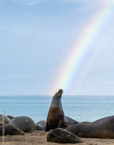 Sea lion beneath a rainbow.