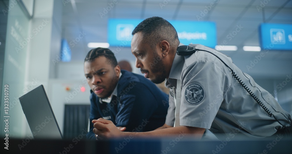 Fototapeta premium Airport Security Checkpoint: African American Security Officers Using Laptop Computer and Talking. Transportation Security Administration for Travel Safety. In the Background, Airport Staff Working.