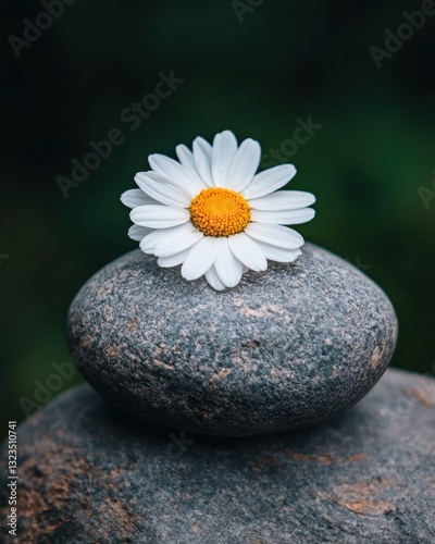 Mindful Zen Wellness Minimalist Daisy on Granite Stone - Tranquil Nature-Inspired Mental Health and Stress Reduction Imagery for Holistic Lifestyle Branding