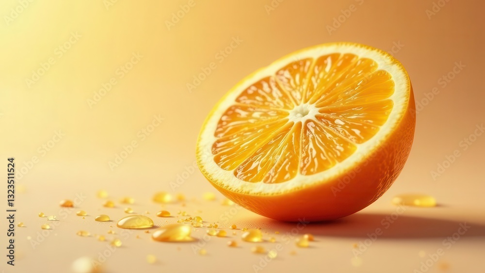 Fototapeta premium A juicy orange half rests on a soft surface, glistening with droplets of its own essence, bathed in warm, golden light.
