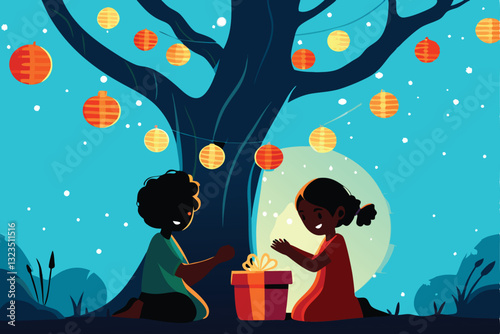 A vibrant vector illustration of diverse children joyfully exchanging gifts during a festive celebration.  Include bright colors and dynamic poses.