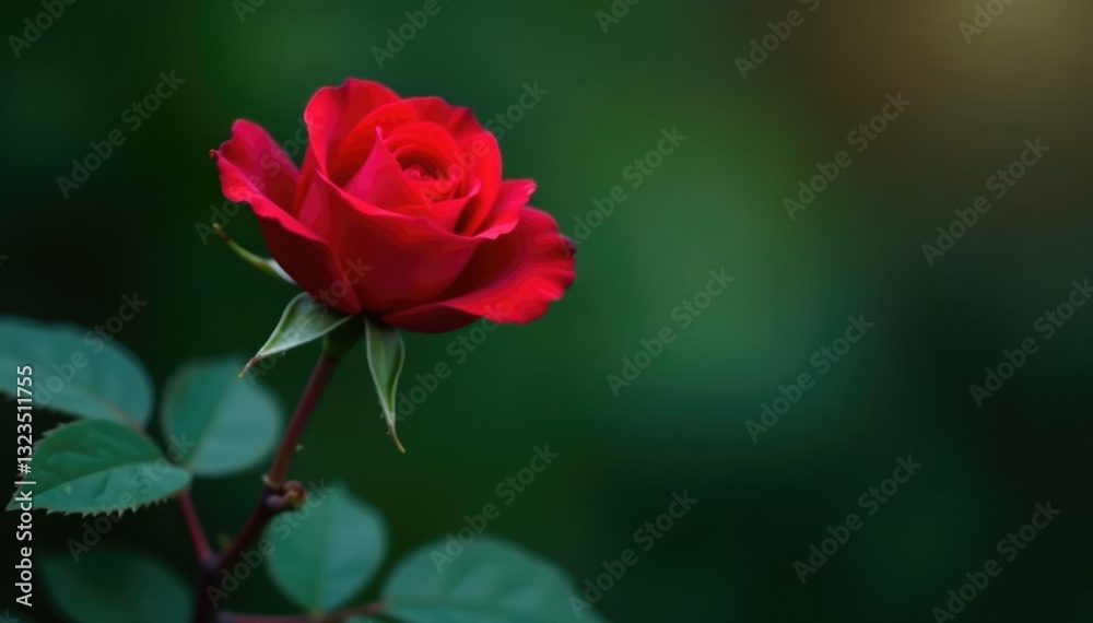 Single red rose bloom on dark green leafy branch, color, red roses Single red rose bloom on dark green leafy branch, color, red roses