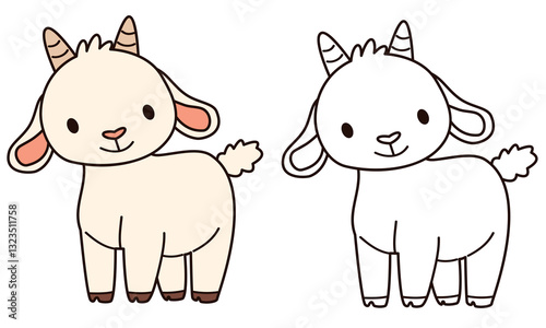 Flat vector illustration for children's coloring book. Cute goat in black and white and color version. Farm pets . Vector illustration