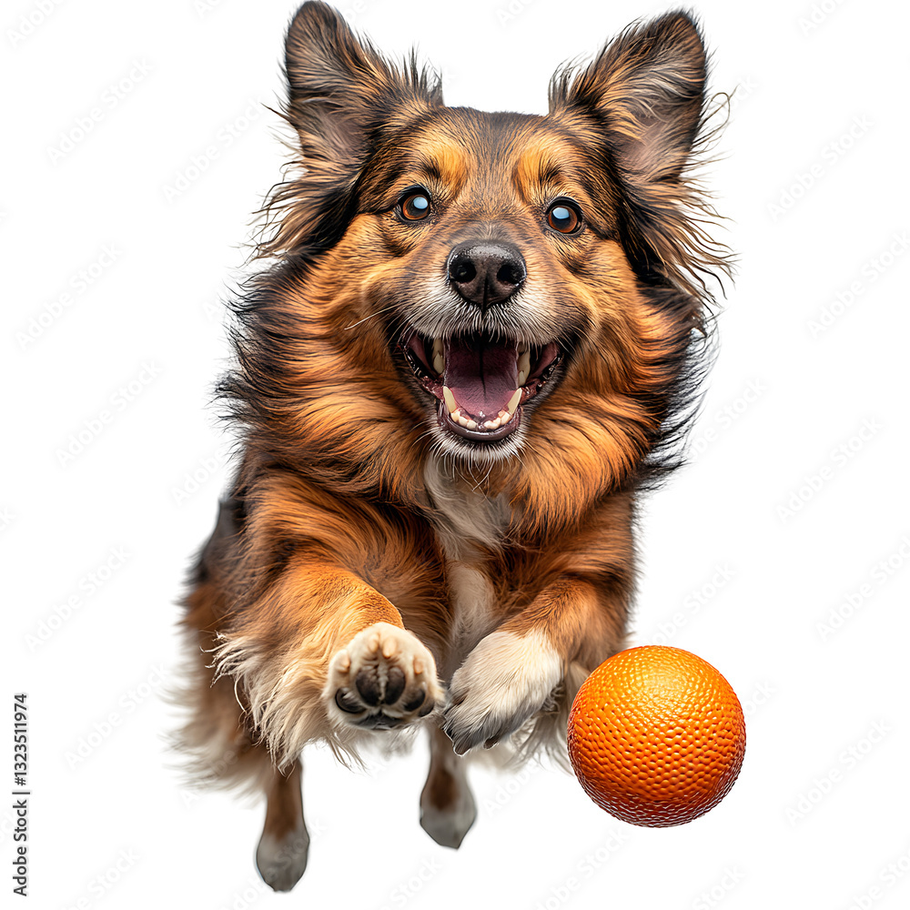 Happy dog leaping to catch a ball, in mid-air , Joyful pet chasing Frisbee ,Transparent background Happy dog leaping to catch a ball, in mid-air , Joyful pet chasing Frisbee ,Transparent background