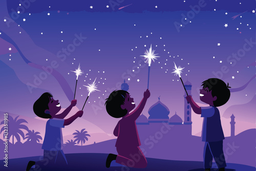 Create a vibrant vector illustration of children joyfully playing with sparklers at night, radiating happiness and excitement.  Show diverse children, dynamic poses.