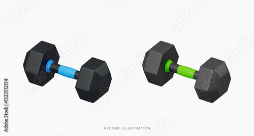 3D Black dumbbell weights icon set. Sport and fitness equipment. Gym workout. Training and exercise. Cartoon design icons isolated on white background. 3D Vector illustration