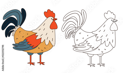 Flat vector illustration for children's coloring book. Cute rooster in black and white and color version. Farm pets . Vector illustration
