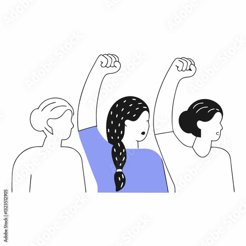 Accelerate Action campaign pose. International Women's Day 2025. Diverse women silhouettes demonstrate strong arm with clenched fist to show solidarity and support for women's rights, gender ...