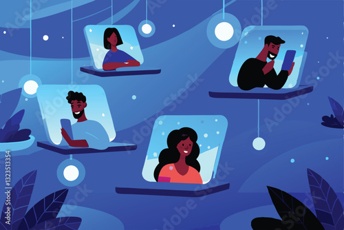 A vibrant metaverse dating café scene  Avatars of diverse appearances engage in lively conversations, showcasing futuristic furniture and holographic displays.