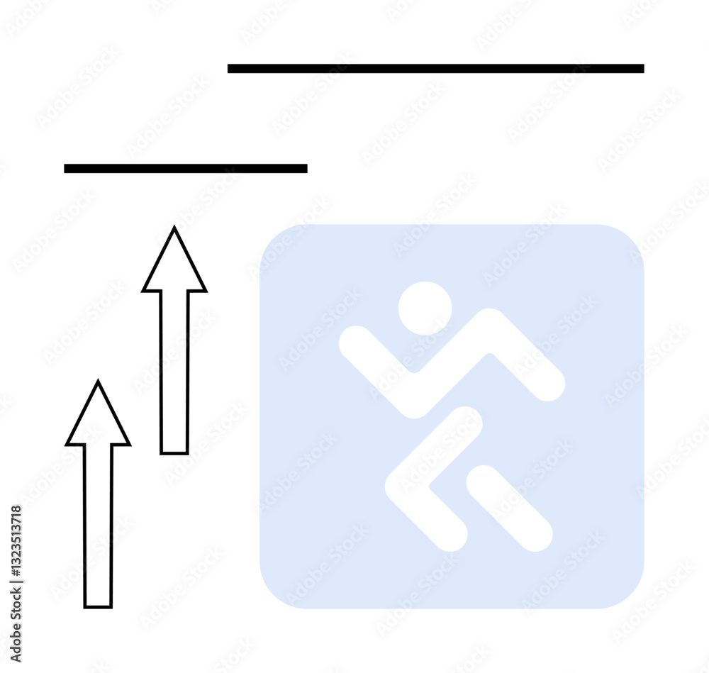 Person icon in dynamic pose inside a square, three upward arrows indicating movement, growth, progress, action. Ideal for motivation, development, success goals inspiration personal growth. Flat Person icon in dynamic pose inside a square, three upward arrows indicating movement, growth, progress, action. Ideal for motivation, development, success goals inspiration personal growth. Flat