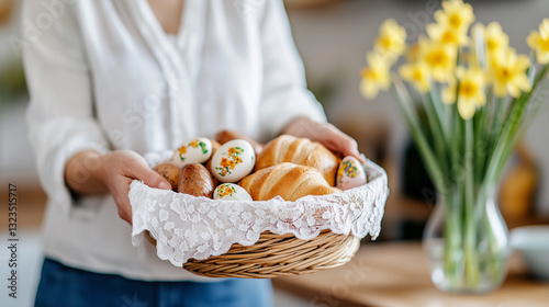 Kobieta Szykująca Wielkanocny Koszyczek, Święconka, Wielka Sobota, Święcenie Pokarmów, Katolicka Tradycja na Wiosenne Święta, Kosz, Koszyk z Pisankami, Chlebem i Wędliną.