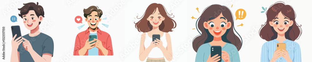 Vector of Young woman looking at mobile phone with surprised and happy face Vector of Young woman looking at mobile phone with surprised and happy face