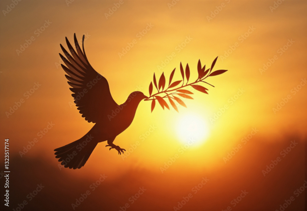 Obraz premium Dove flying with olive branch at sunset