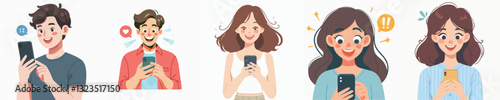 Vector of Young woman looking at mobile phone with surprised and happy face