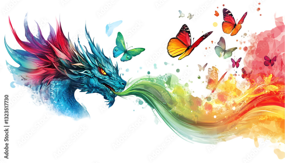 Obraz premium Rainbow Dragon Butterflies Watercolor Art on transparent background
