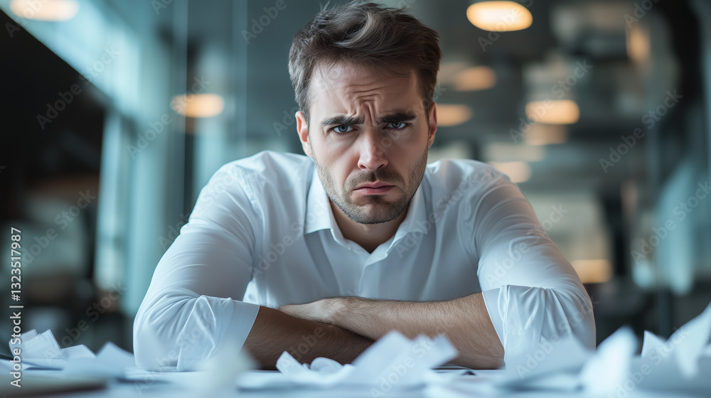 Frustrated Businessman at Desk, Surrounded by Flying Papers, Overwhelmed by Deadlines and Financial Stress. Frustrated Businessman at Desk, Surrounded by Flying Papers, Overwhelmed by Deadlines and Financial Stress.