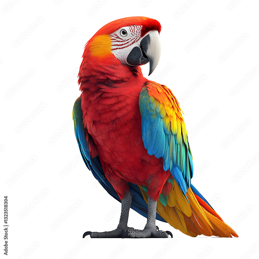 Fototapeta premium Scarlet macaw bird standing with colorful plumage , png transparent background